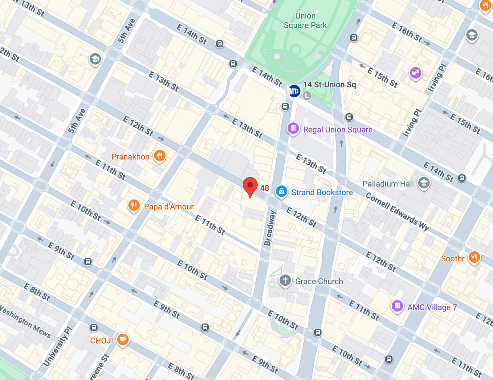 Street map showing Ribalta at 48 East 12th Street, between Broadway and University Place in Greenwich Village, New York.