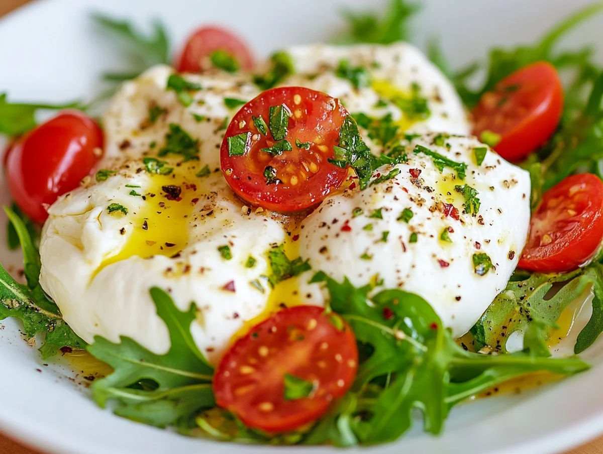 Fresh mozzarella, cherry tomatoes and arugula with olive oil.