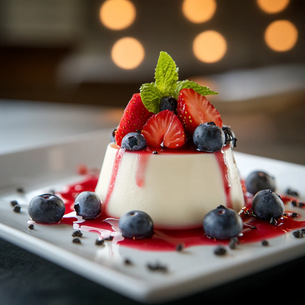 Panna cotta topped with fresh berries and mint.