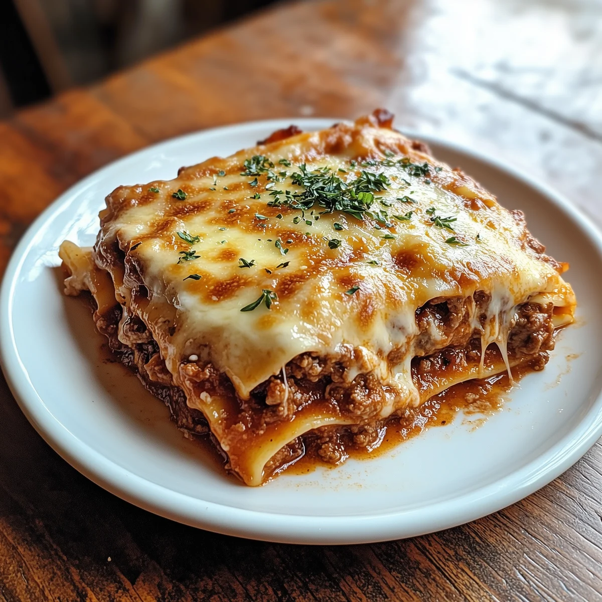 Layers of lasagna with tomato ragù and melted cheese.