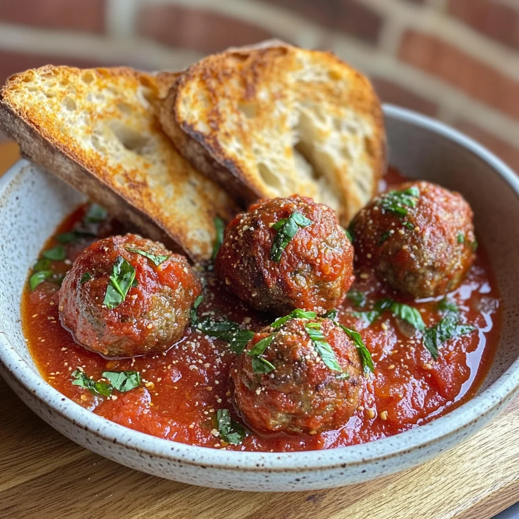 Meatballs in tomato sauce, served with toasted bread.